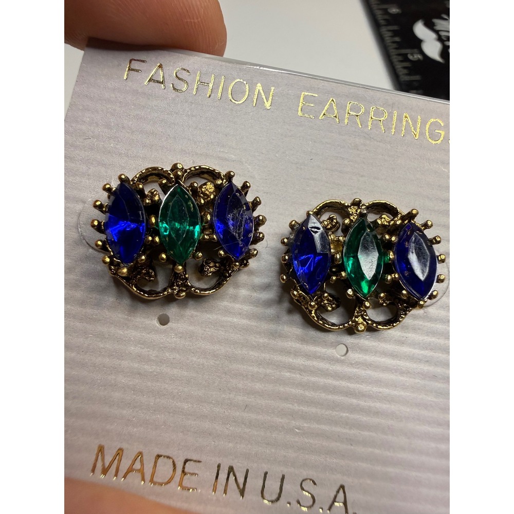 New Made in USA Gold Tone Blue Green Marquise Gemstone Filigree Stud Earrings